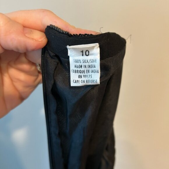 Anopia Italian Silk Y2K Sequined Embroidered Black Midi Dress Ruffle Hem Size 10 - Picture 7 of 7